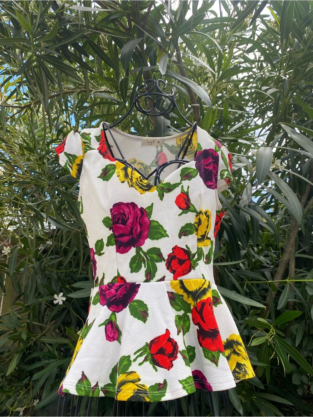 Floral Peplum Top in White with Pink, Red & Yellow Roses
